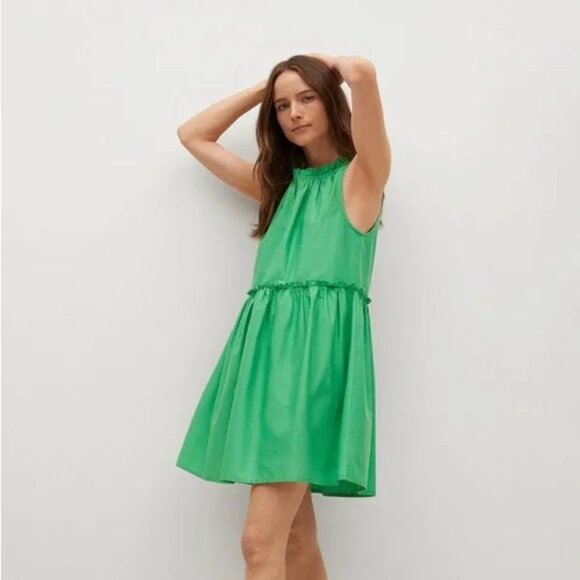 Mango Babydoll Mini Dress Gathered Ruffle Detail Cotton Green Size XS - Picture 5 of 16